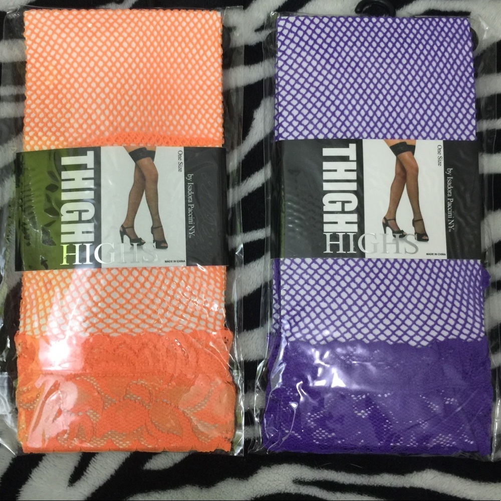 Thigh high fishnet stockings orange and purple